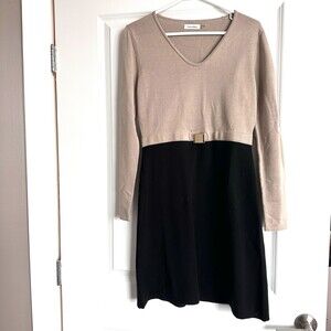 Calvin Klein Knit Dress Color Block Black/Beige Long Sleeve Size M